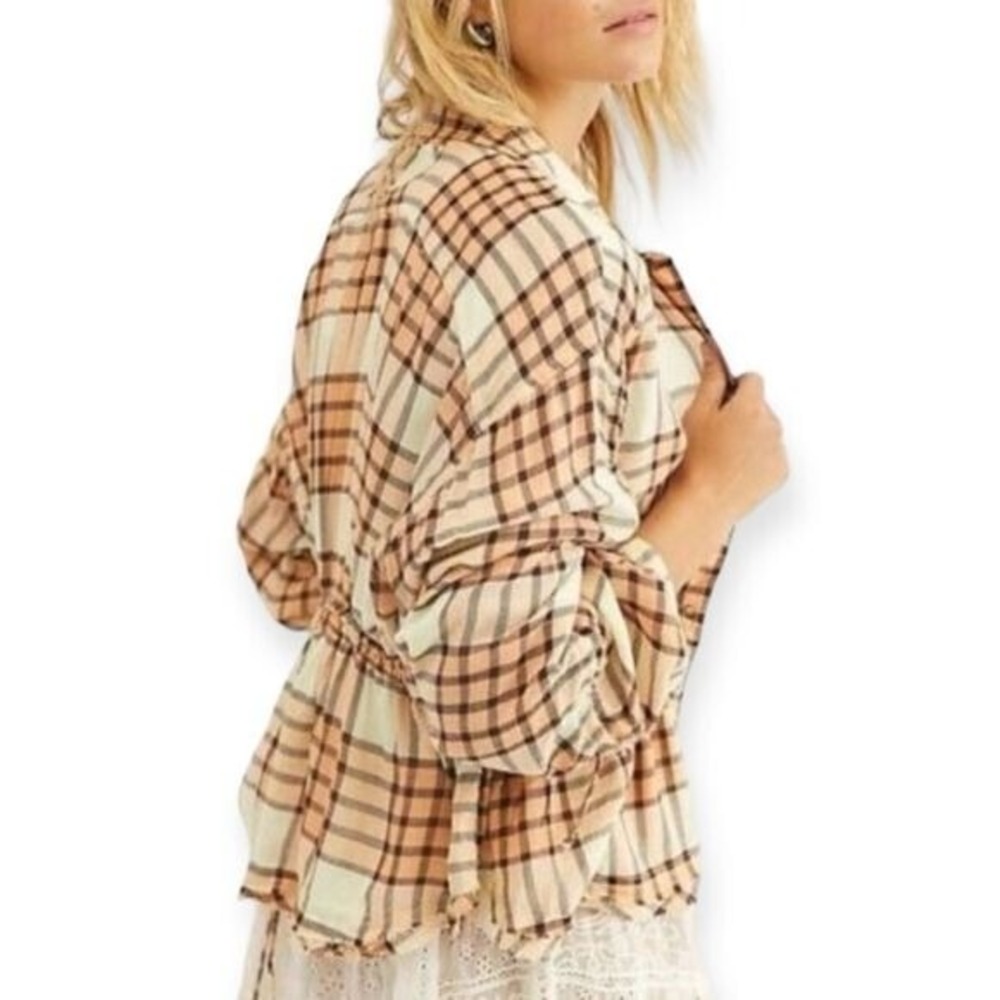 FREE PEOPLE NWT WE THE FREE‎ Pacific Dawn Drawstring Plaid Snap Shirt -size XS - Picture 2 of 10